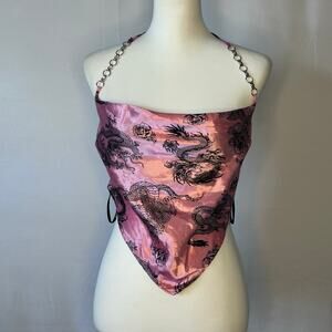 Y2K Pink Satin Dragon Halter Top Handkerchief Hem Chain Straps